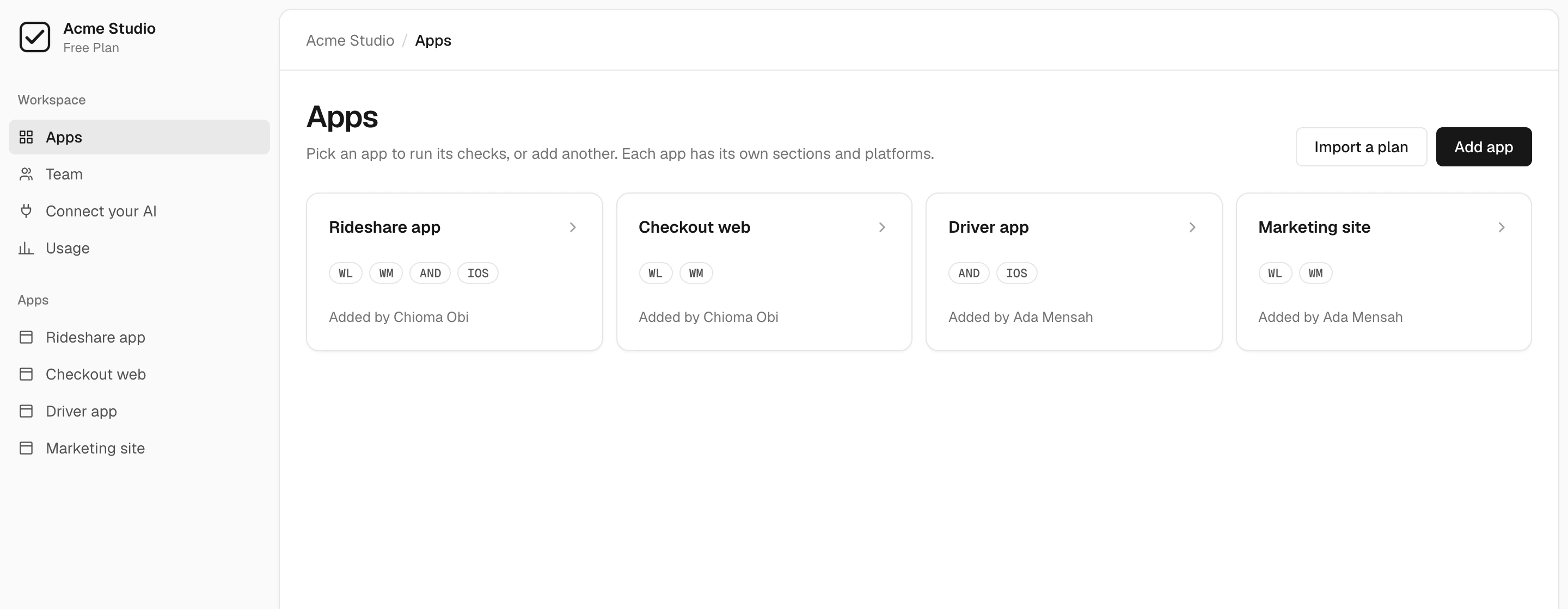 The apps screen, with four apps and the platforms each is tested on.