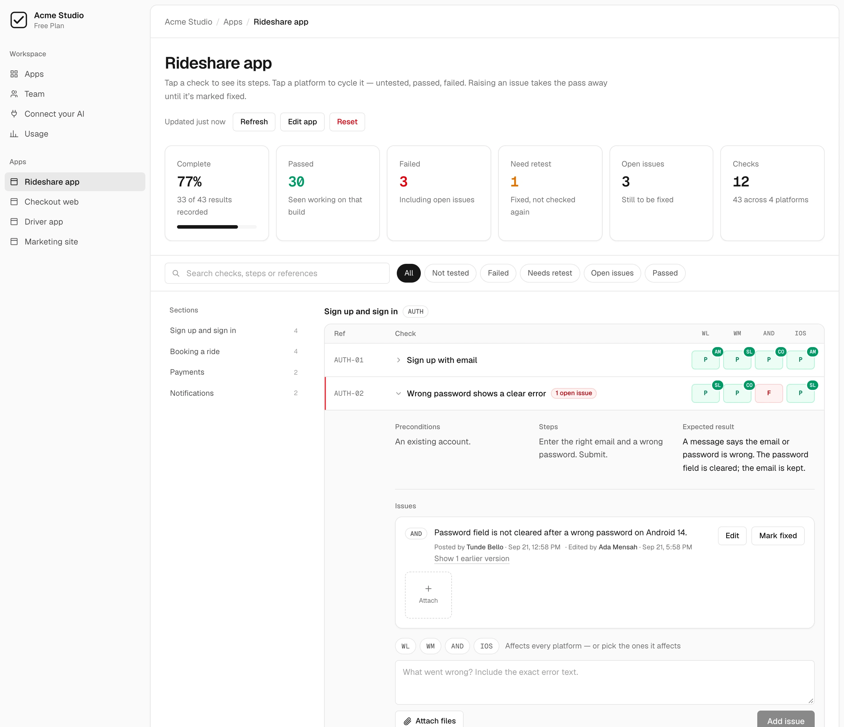 A qarunbook runbook: progress figures, filters, and checks by section, each marked passed, failed or needing a retest on web, Android and iOS, with one check open to show its steps and an issue.