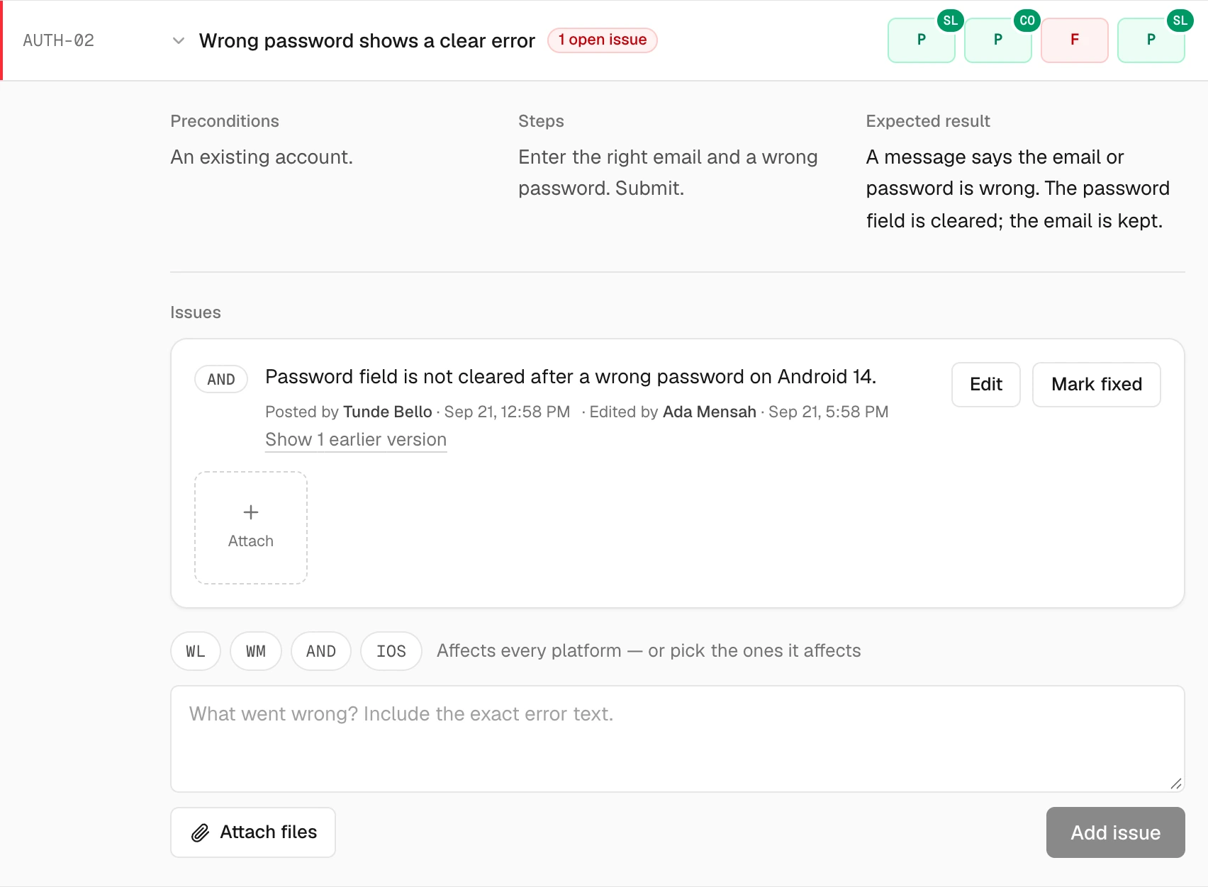 One check opened, showing its preconditions, steps, expected result and an open issue on Android.