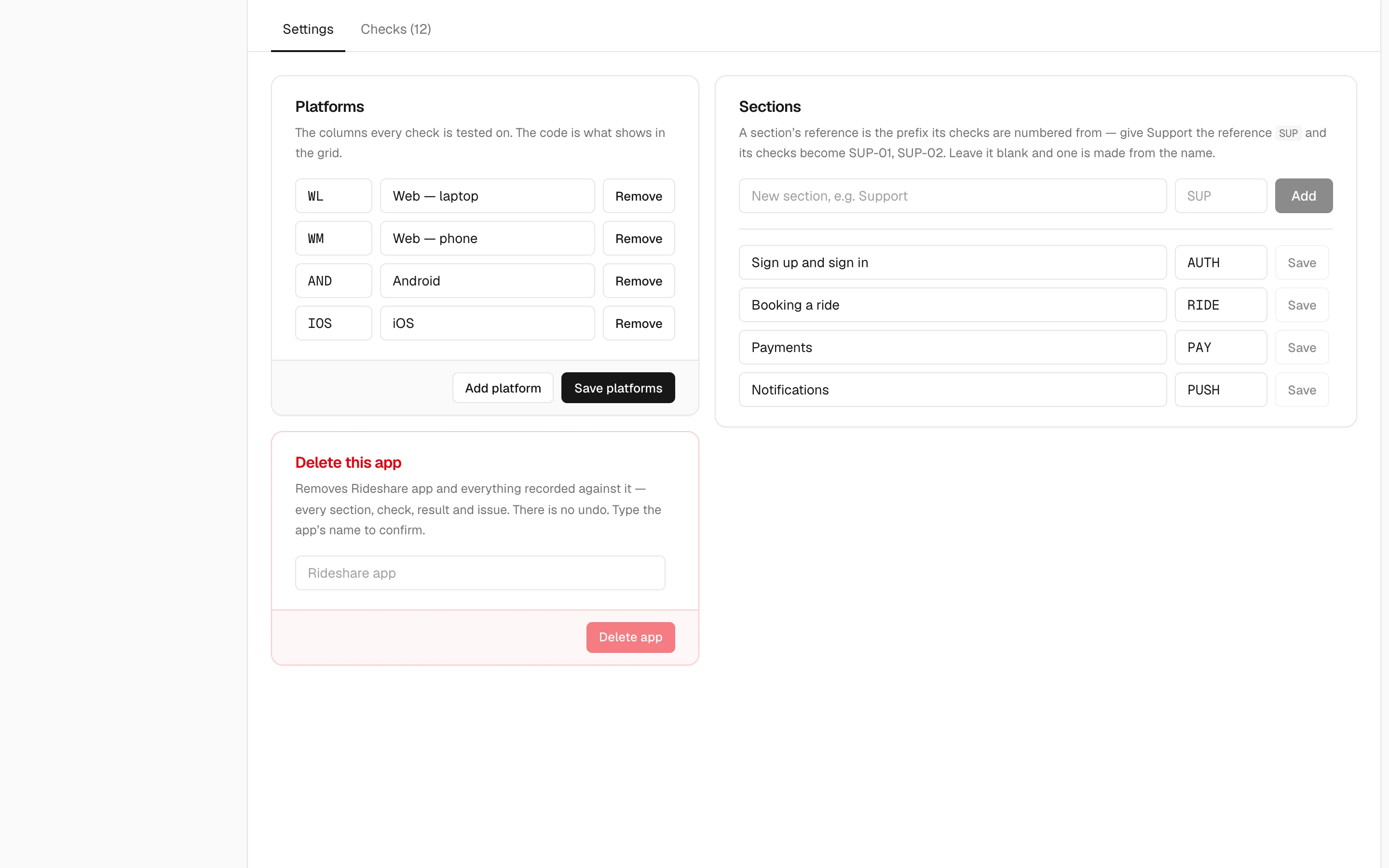 Editing an app: its platforms, sections, adding a check, and deleting the app.