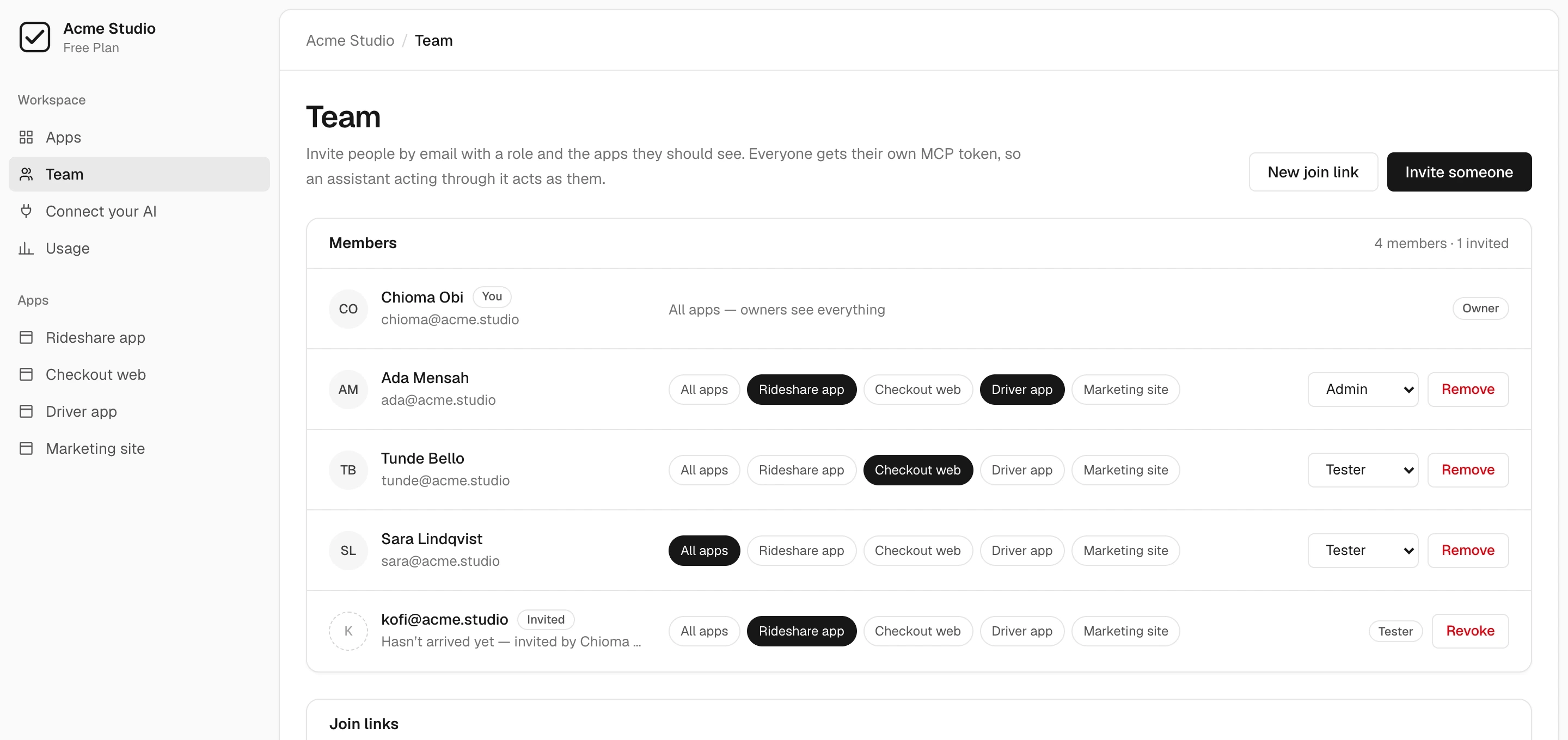 The team screen, listing members with the apps each can see and their role.